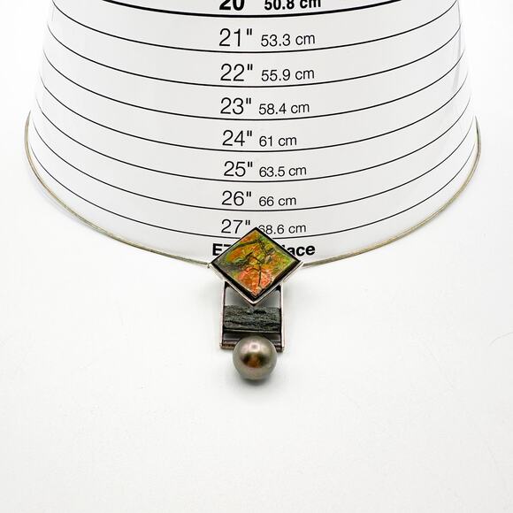 Ammolite Pendant Sterling Silver Necklace | Black Tourmaline? Black Pearl Signed - Picture 10 of 13